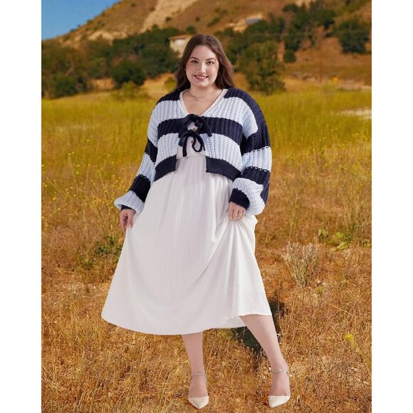 Plus Size White Summer Dress Lace Ruffle Sleeve Button Front Comfortable Casual - Picture 2 of 9